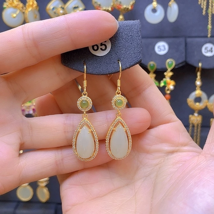 银S925镀金镶嵌和田玉耳饰