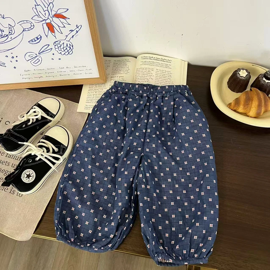 儿童夏季小方格双色格子九分裤H2259