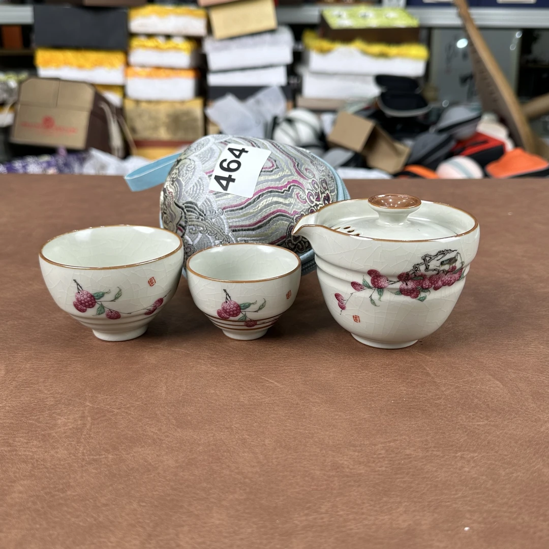 464-一壶二杯户外旅行茶具荔枝手抓壶主人杯汝窑开片刺绣包快客杯