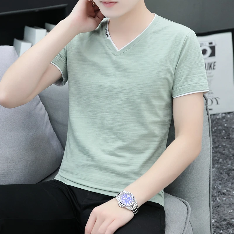 竹节棉v领短袖t恤男装夏季时尚潮流修身青年男士体恤休闲半袖上衣