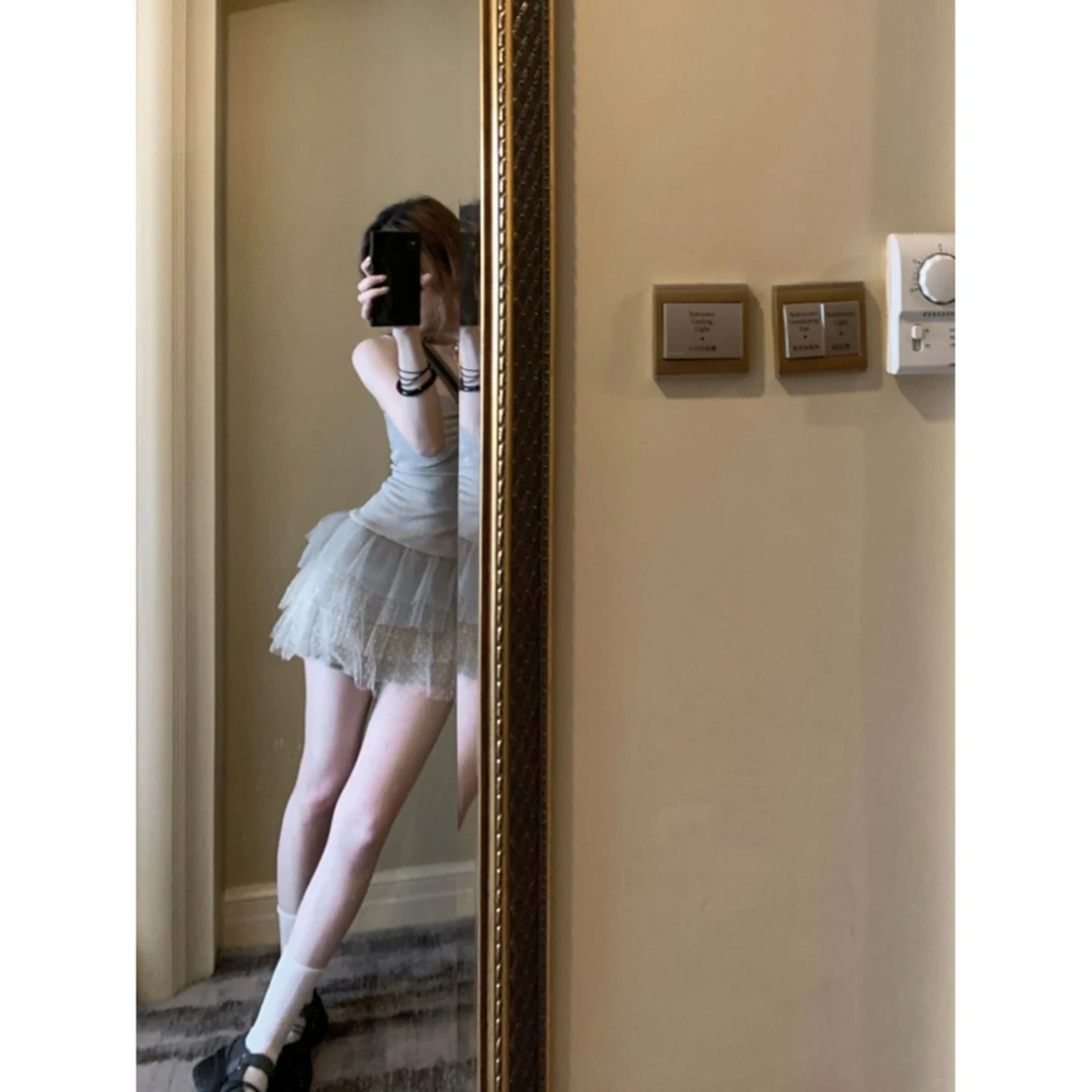 佩茨少女 灰色高级感公主网纱针织蓬蓬芭蕾风性感法式时尚连衣裙