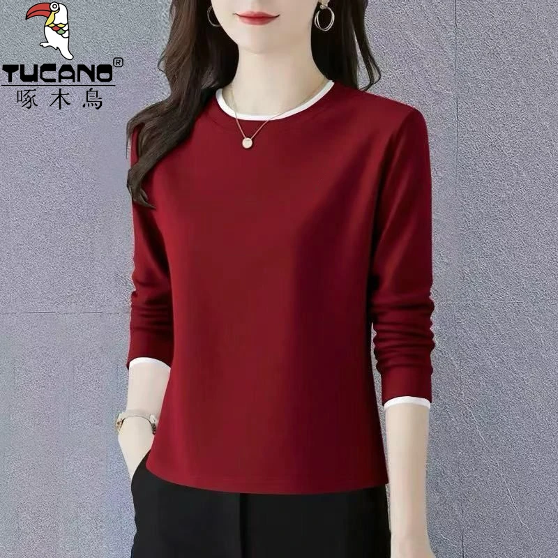 啄木鸟纯棉秋冬内搭长袖t恤女士打底衫中年新款韩版洋气正肩上衣
