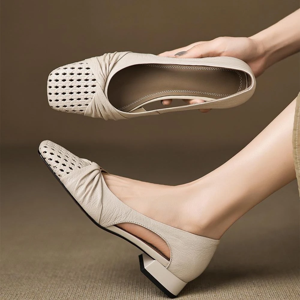 【TEENYA恬雅】2025夏季时尚浅口镂空方头编织百搭低跟单鞋10619羊