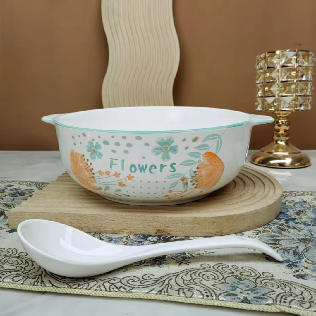 10.5英寸双耳碗月见花送白色大号汤勺/破损补发