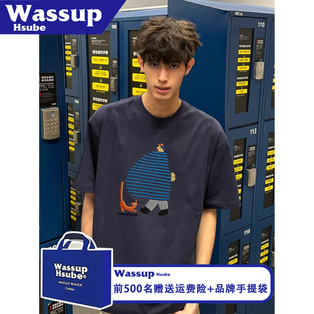 WASSUP HSUBE个性时尚夏季艺术胖子印花短袖T恤休闲男女款纯棉tee