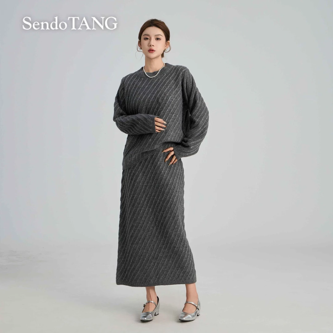 气质套装【苍山】胖多女装秋冬新款时尚百搭针织衫上衣半裙套装