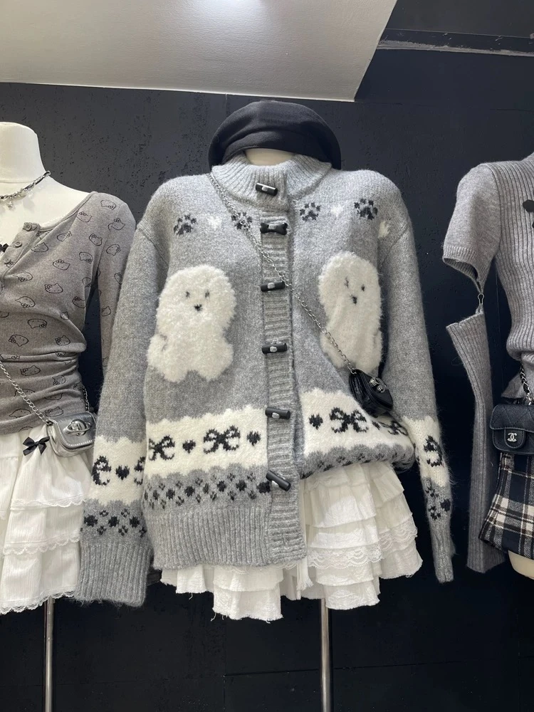 【linxier】卡通毛巾绣比熊小狗浅灰色加厚圆领开衫外套女 A319