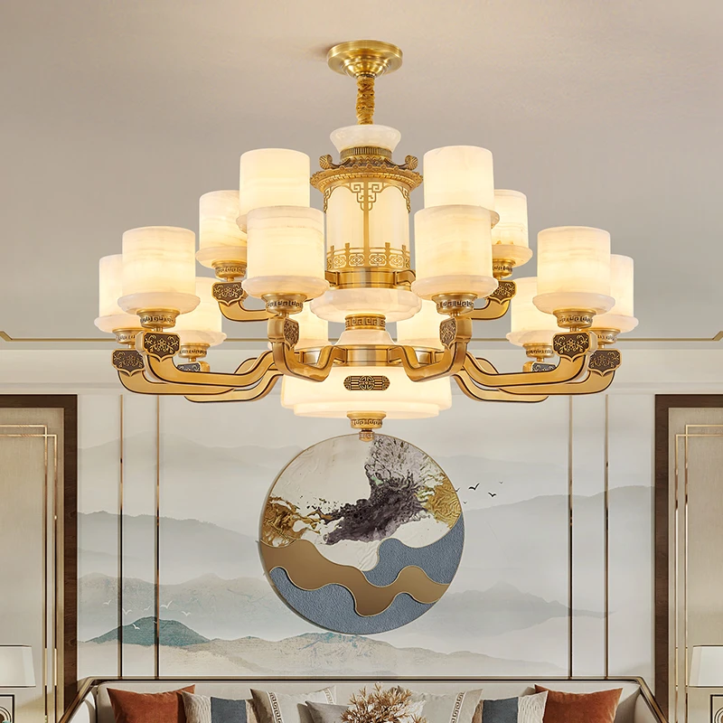 新中式全铜玉石吊灯 别墅自建房客厅餐厅家用大气吊灯