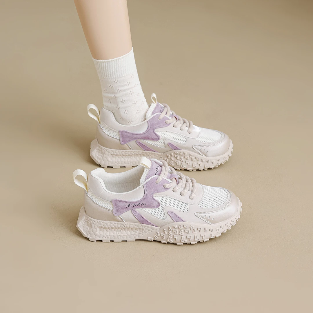华耐舒适软底德训鞋女2025新款运动休闲板鞋网面透气小个子厚底鞋