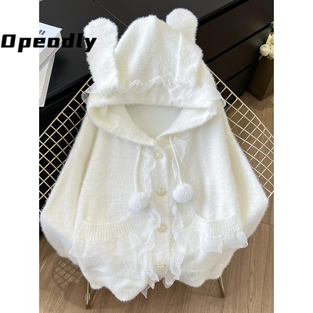 Opeodly兔耳朵连帽水貂绒毛衣外套女宽松洋气秋冬减龄针织开衫