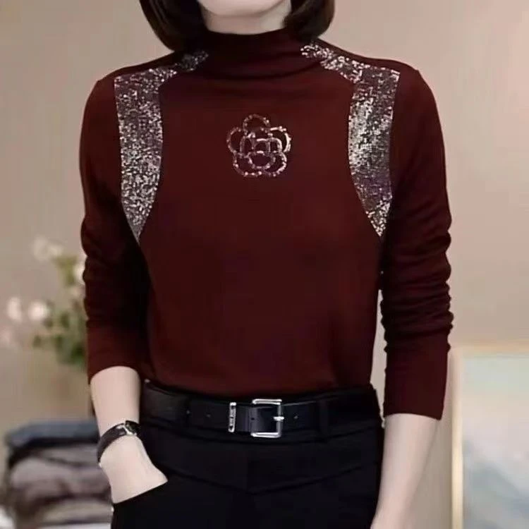 德绒烫钻半高领薄绒秋冬新款宽松长袖中老年妈妈装打底上衣9161#