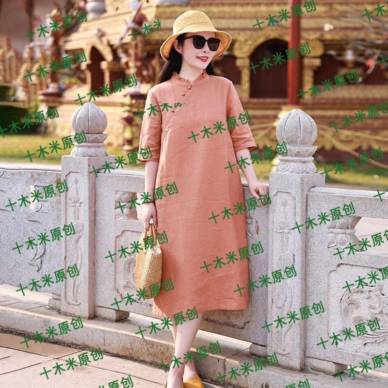 梦鸽/十木米原创夏季新款亚麻木耳边立领文艺休闲气质中长连衣裙