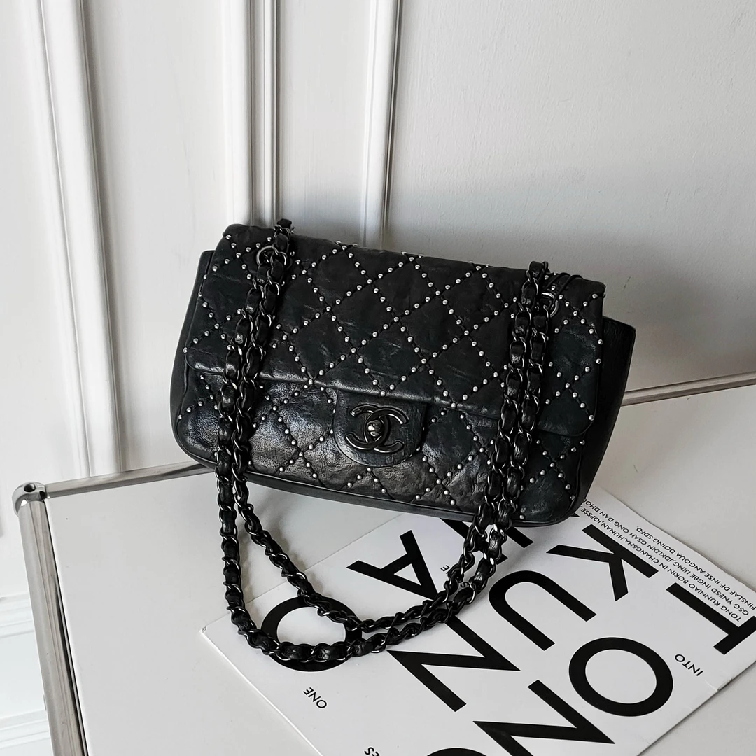 95新 Chanel/香奈儿 Azul- 黑银羊皮达拉斯系列铆钉CF单肩包40665