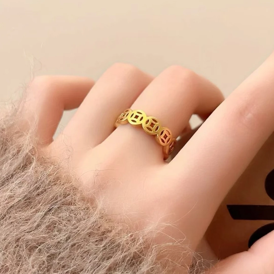 铜合金戒指 毒饰高定  古法金色铜钱开口戒指JG002