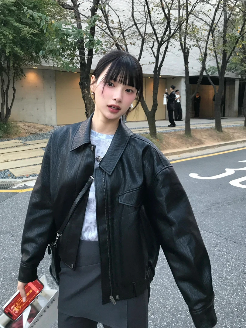 黑色皮衣复古港风短款小个子春秋夹克2025新款宽松休闲机车服外套