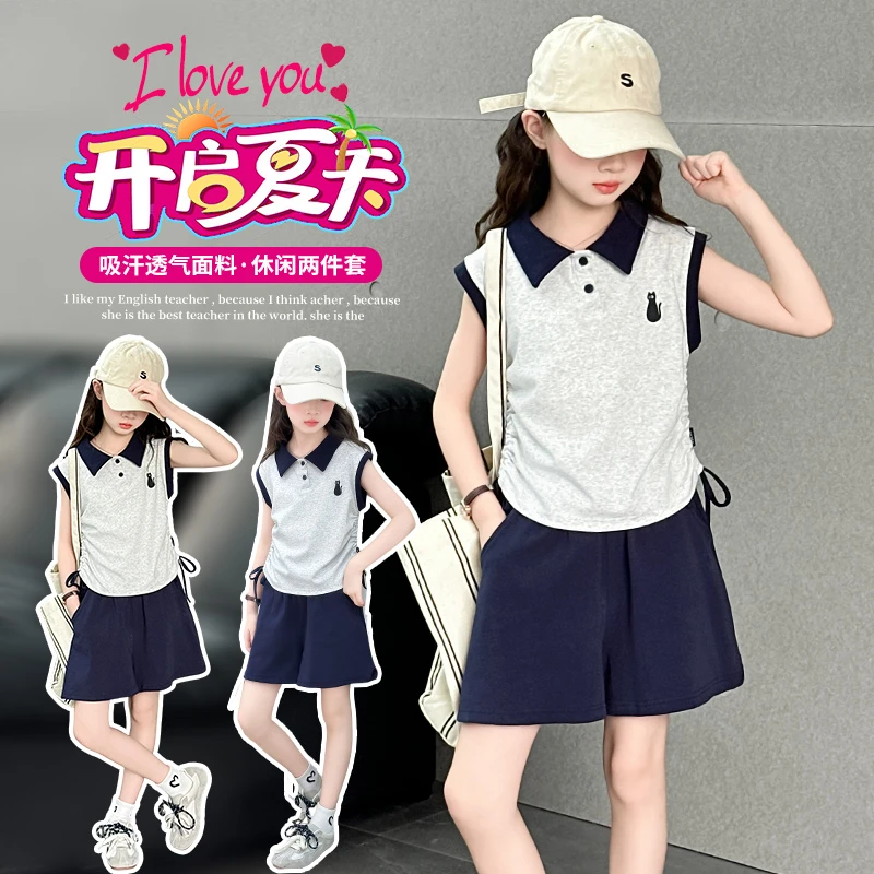 女童夏季韩系polo领短袖T恤儿童短裤套装中大童洋气时髦运动夏装t