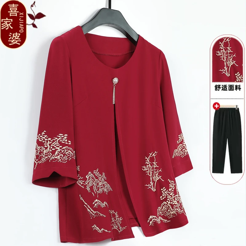 妈妈装春装7分袖衬衫中老年人夏装女妈妈T恤假俩件老年人绣花衬衫