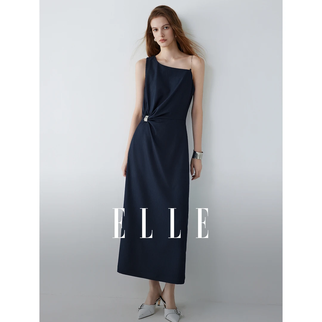 ELLE法式高级感斜肩连衣裙女2025秋季新款链条设计感EL51705
