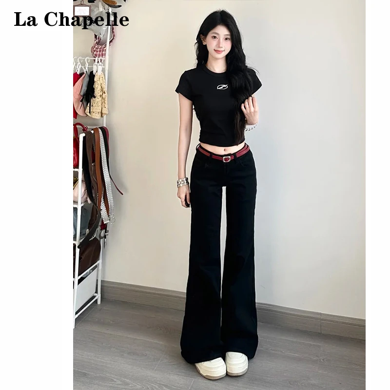 拉夏贝尔美式辣妹黑色低腰微喇牛仔裤女2025夏季新款直筒喇叭裤子