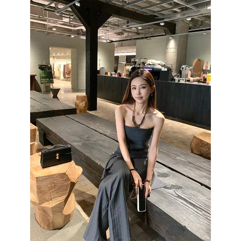 高级辣妹套装女夏季设计感小众气质收腰抹胸休闲拖地阔腿裤两件套