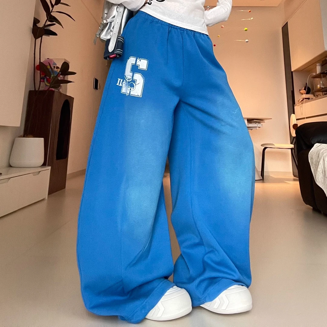 布零零美式复古水洗蓝色爵士舞裤子女阔腿宽松休闲运动裤加长卫裤