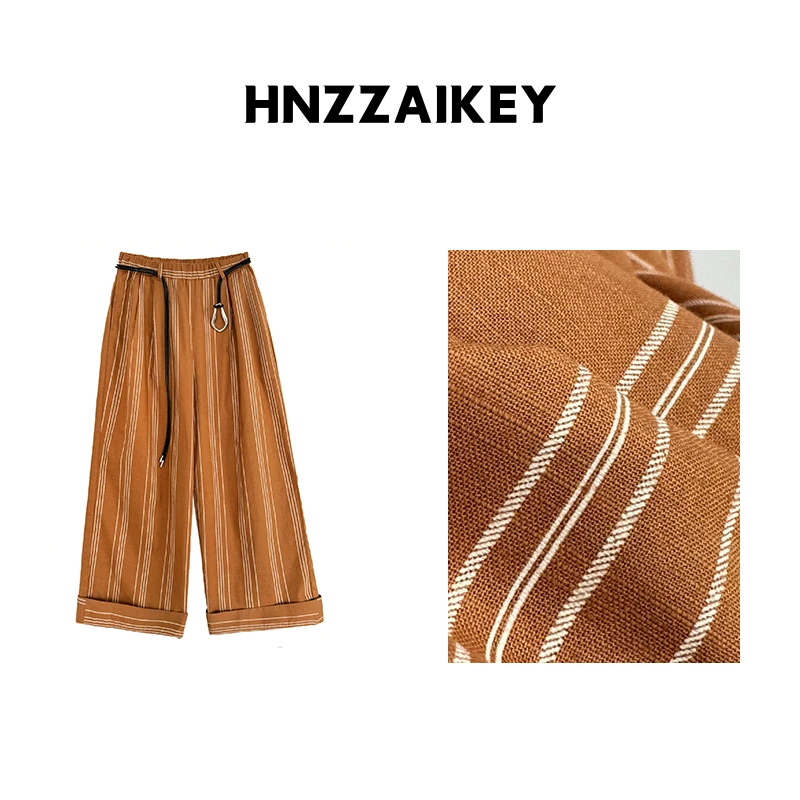 HNZZAIKEY 老钱风条纹松紧休闲裤女配腰带慵懒阔腿裤U25X400515