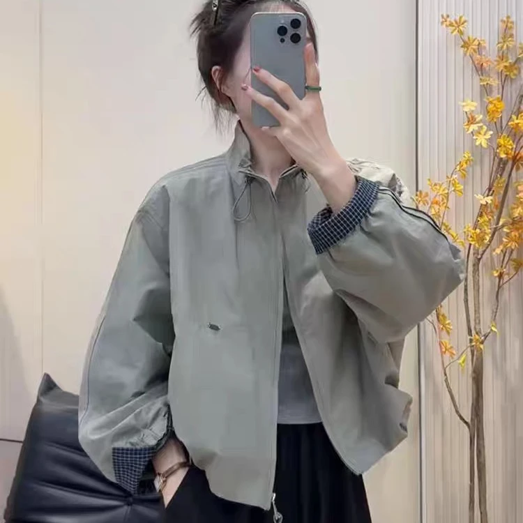 韩系设计感格子拼接立领短外套女2025秋季新款百搭小个子夹克上衣
