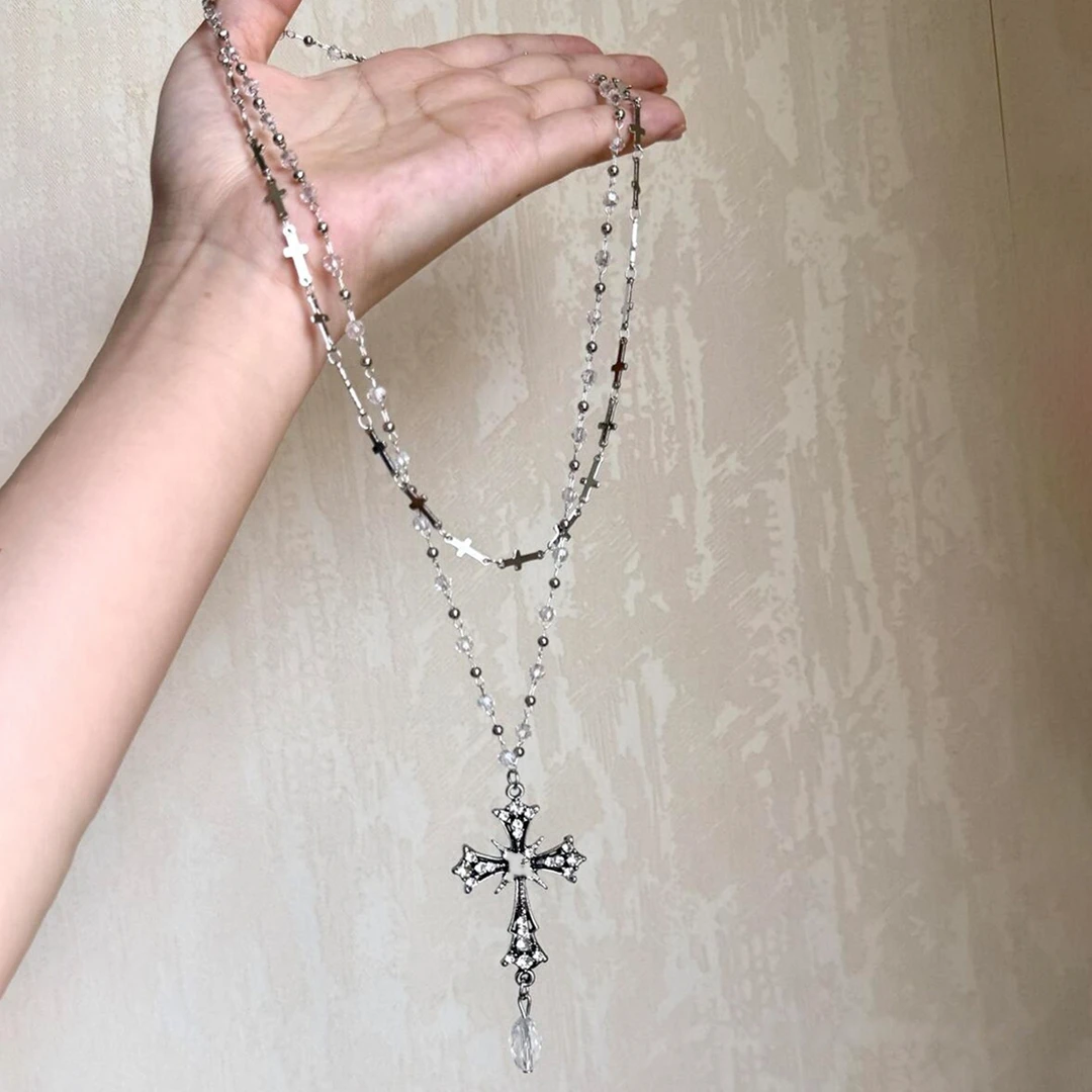 铜合金项链 甜酷风双层叠戴十字架项链时尚小众设计高级感锁骨链