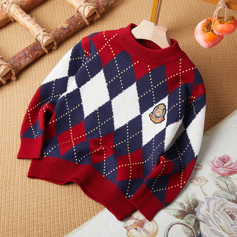 男童毛衣秋冬加厚加绒套头儿童洋气打底学院风大童针织衫英伦保暖