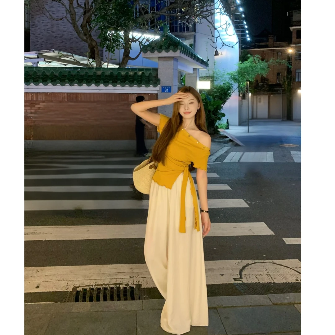 SZA【盐芝甜心】夏季新款甜美斜肩绑带不规则显瘦T恤上衣A-1949