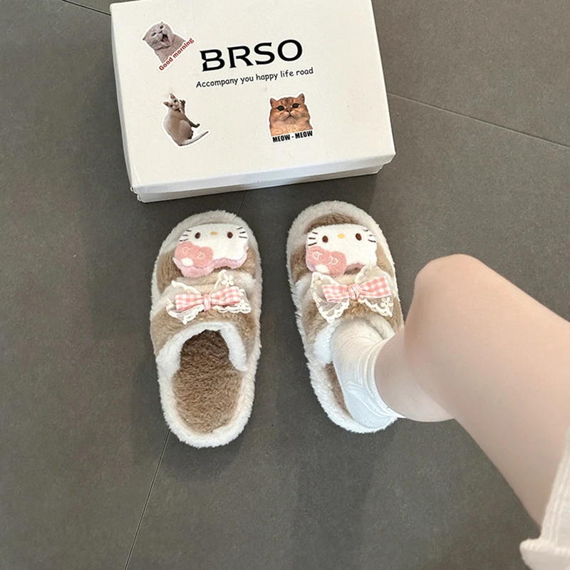 可爱卡通凯蒂猫棉拖鞋女2025秋冬新款外穿少女心保暖舒适毛毛拖鞋