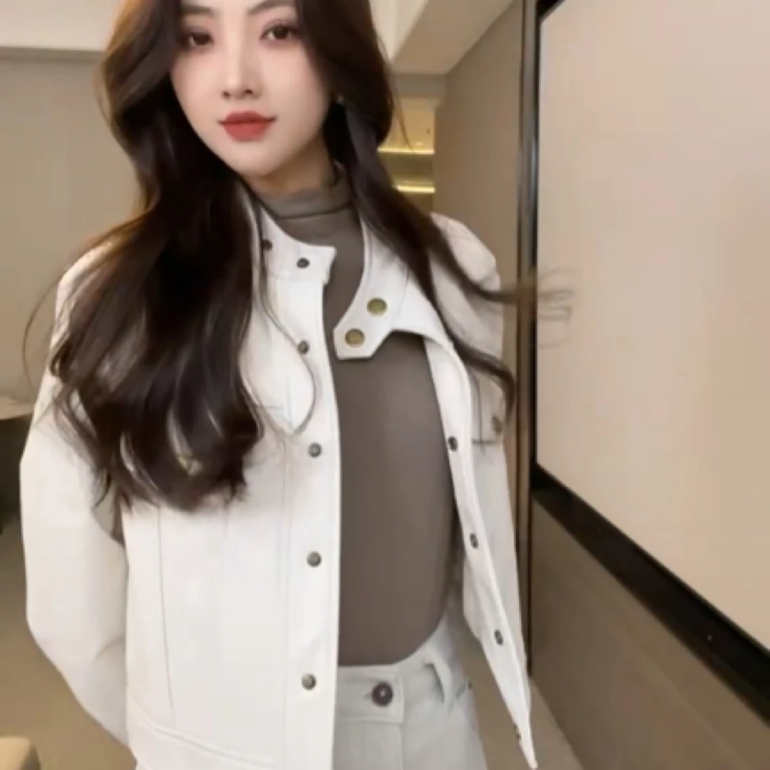 CJ2024秋冬新品绵羊皮立领皮衣女短款真皮羊皮夹克外套时尚潮百搭