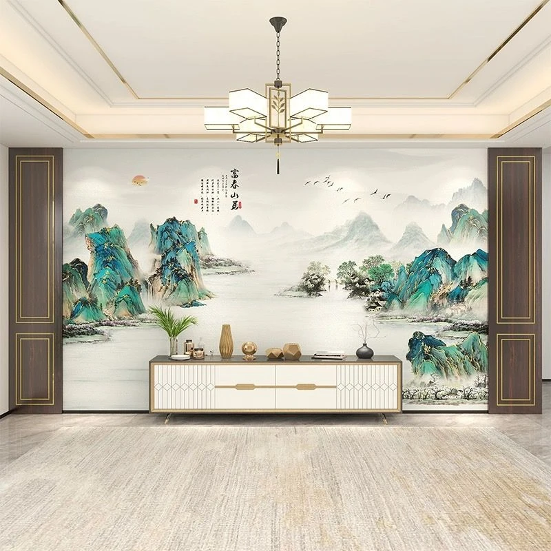 新中式客厅电视背景墙纸沙发客厅壁纸富春山居图壁画茶室墙布定制