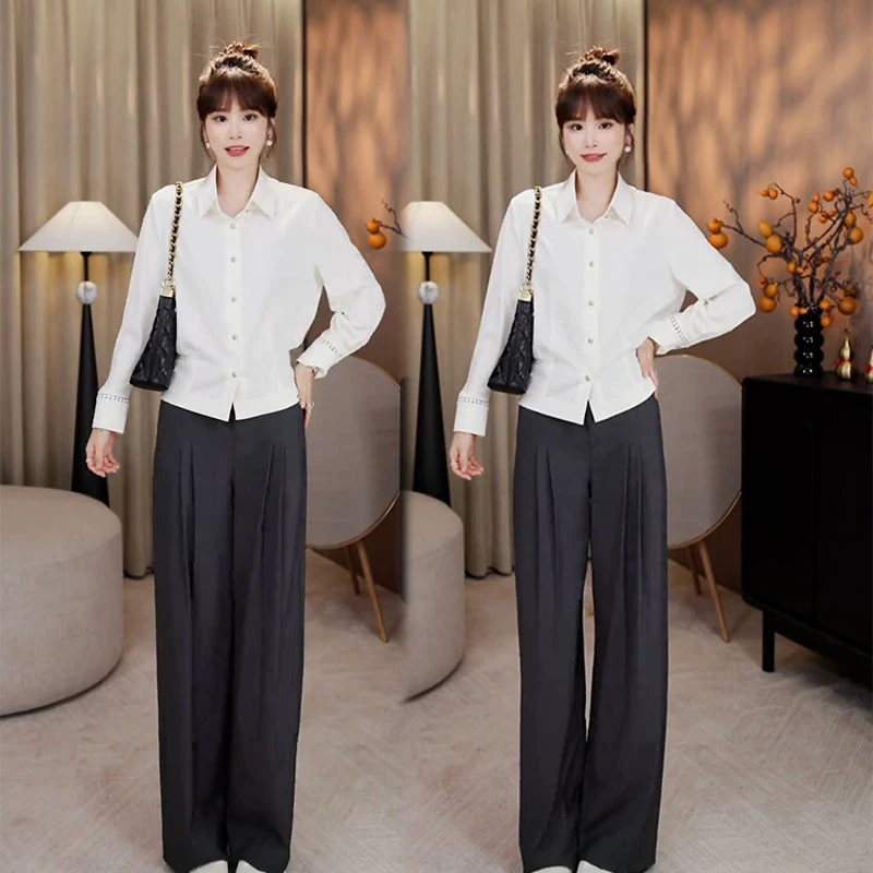 2025秋季新款设计感通勤风长袖衬衫女搭配休闲百搭阔腿裤两件套