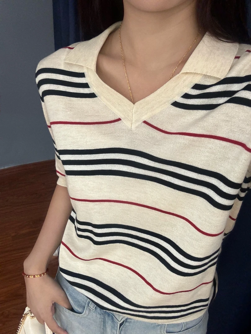 2025早春新款英伦风简约轻熟百搭女装翻领高定款条纹短袖针织T恤
