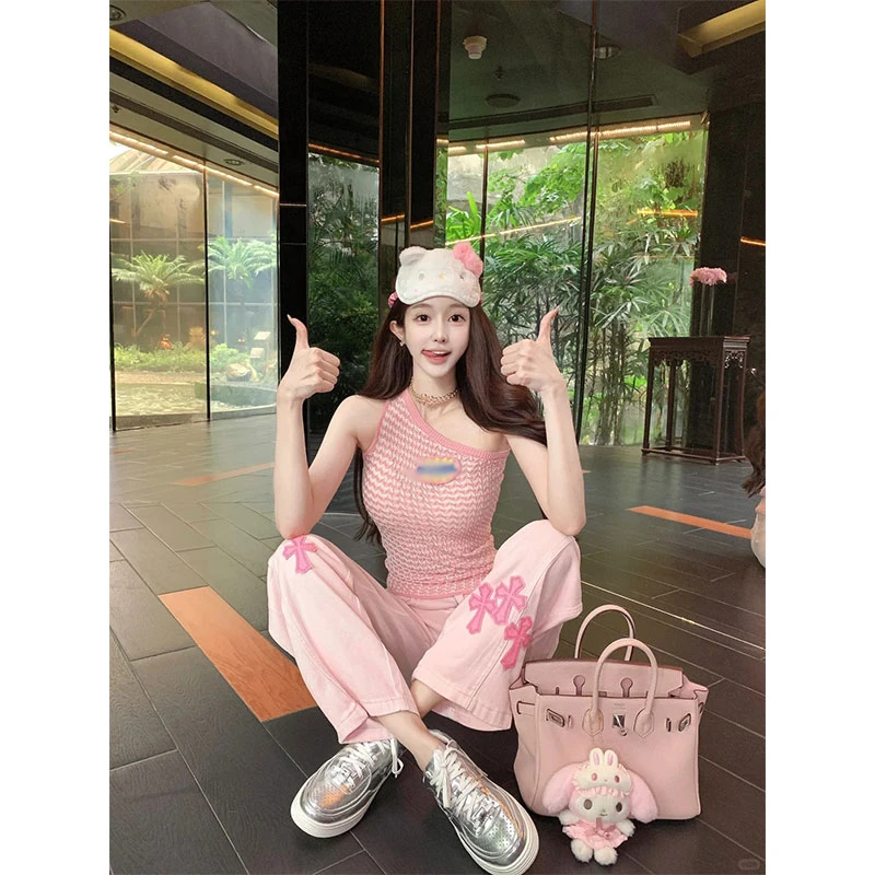 2025夏季新款美式超气质辣妹斜肩不对称针织背心休闲百搭裤子套装