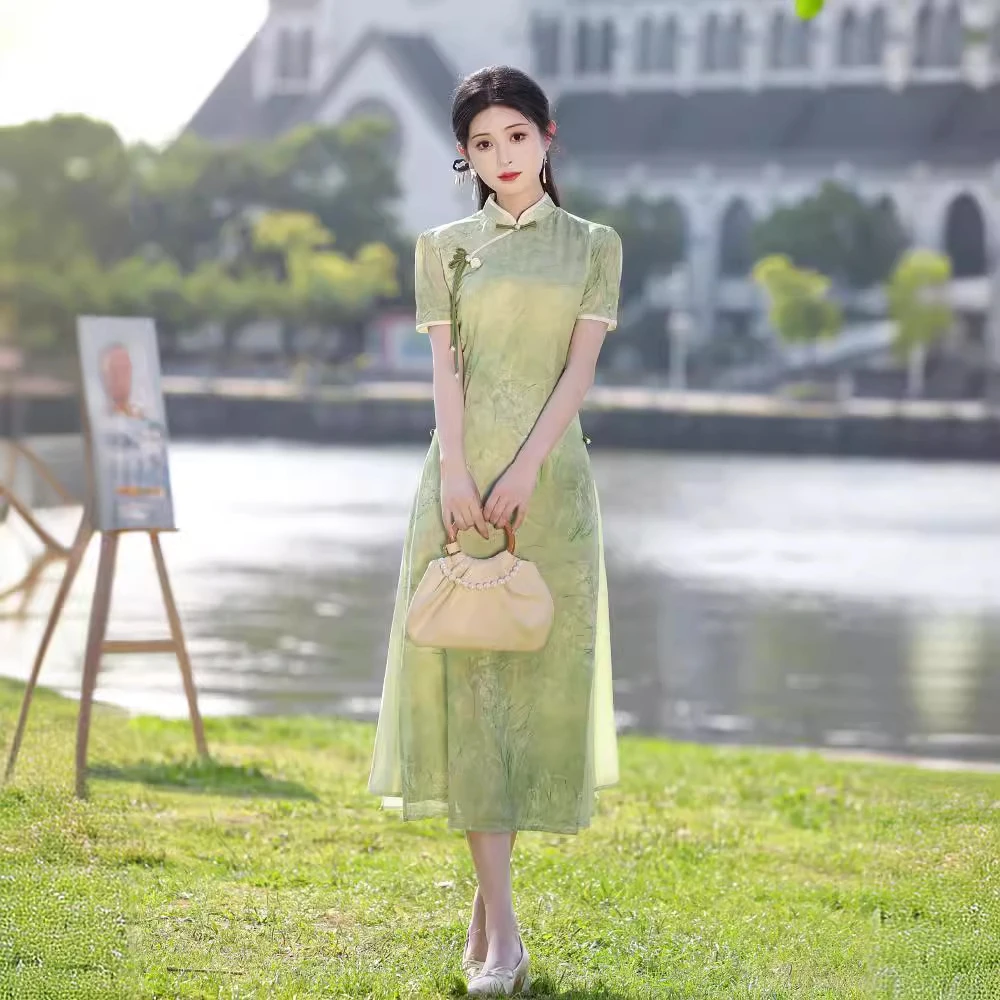 绿色改良奥黛旗袍年轻款新中式少女气质连衣裙夏季日常可穿优雅