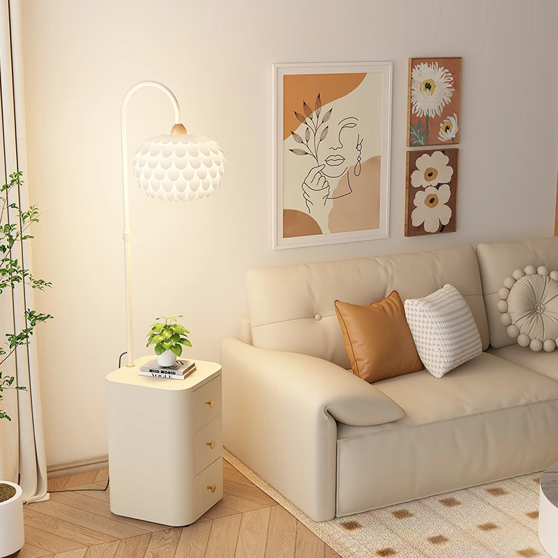 奶油风置物架落地灯卧室床头柜一体客厅沙发边几抽屉氛围立式台灯