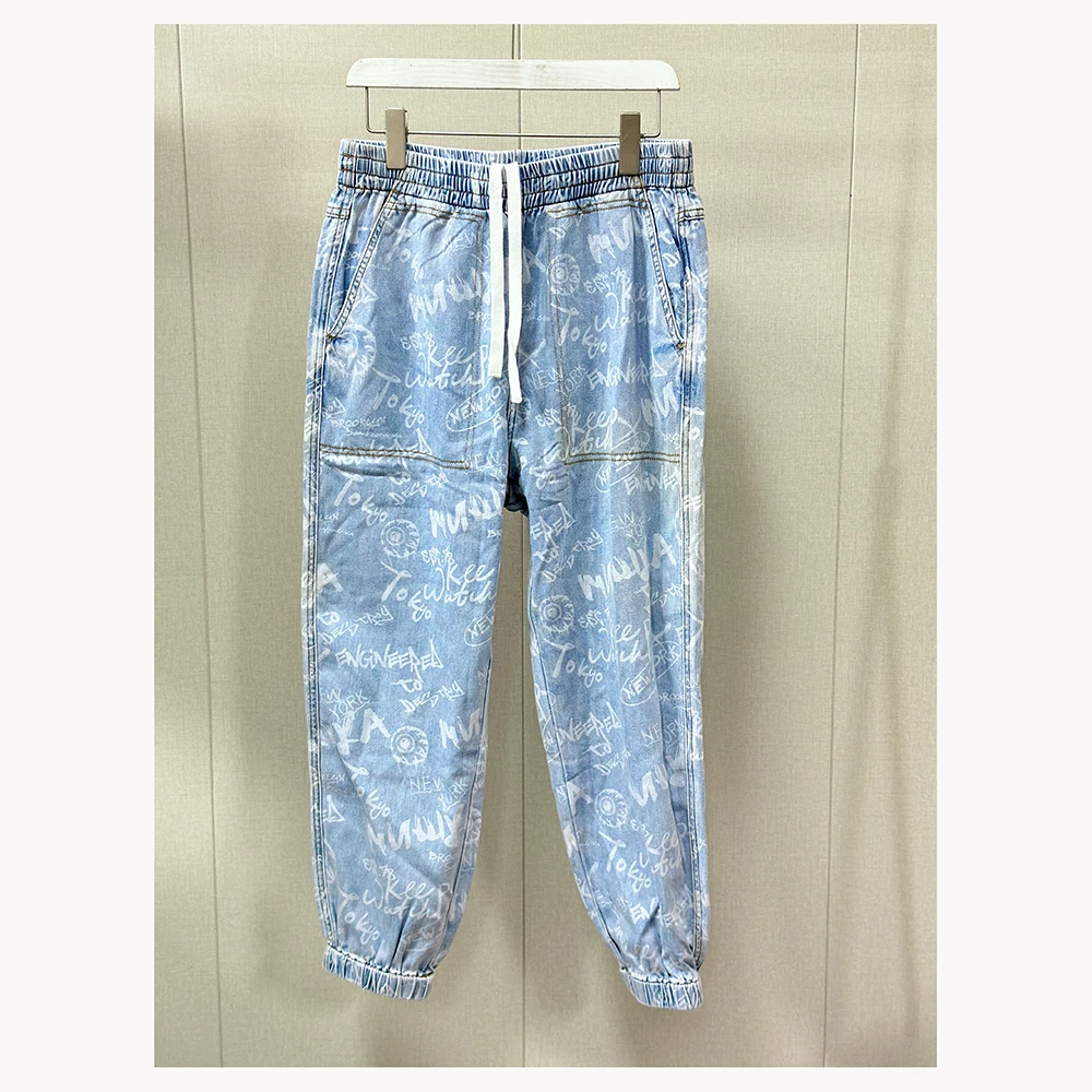 ZM1948 秋季新款宽松松紧腰女士休闲印花牛仔裤