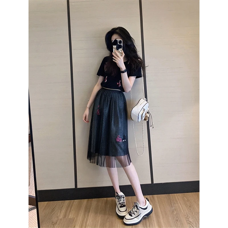 夏季时尚套装2025年T恤半身裙网纱裙两件套气质显瘦穿搭夏装搭配