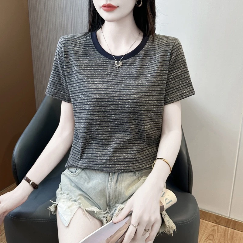 夏季新款条纹短袖T恤女装圆领显瘦百搭感洋气休闲上衣女YH-205