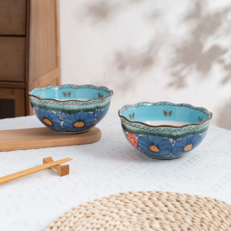 新疆包邮【琉璃蓝】家用釉下彩陶瓷6.5英寸花边碗