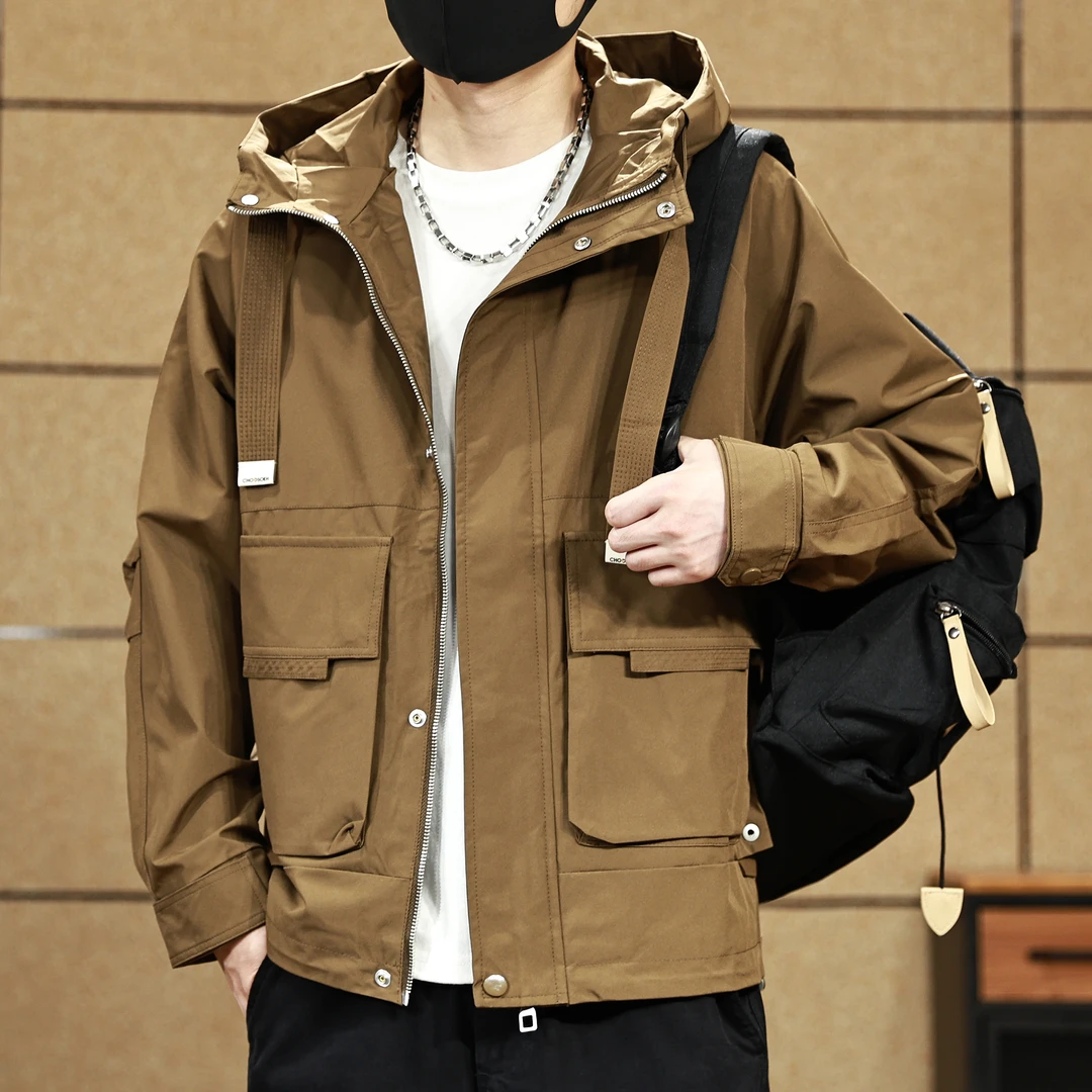 高端春秋季新款美式休闲工装大口袋百搭连帽拉链冲锋上衣拉链外套