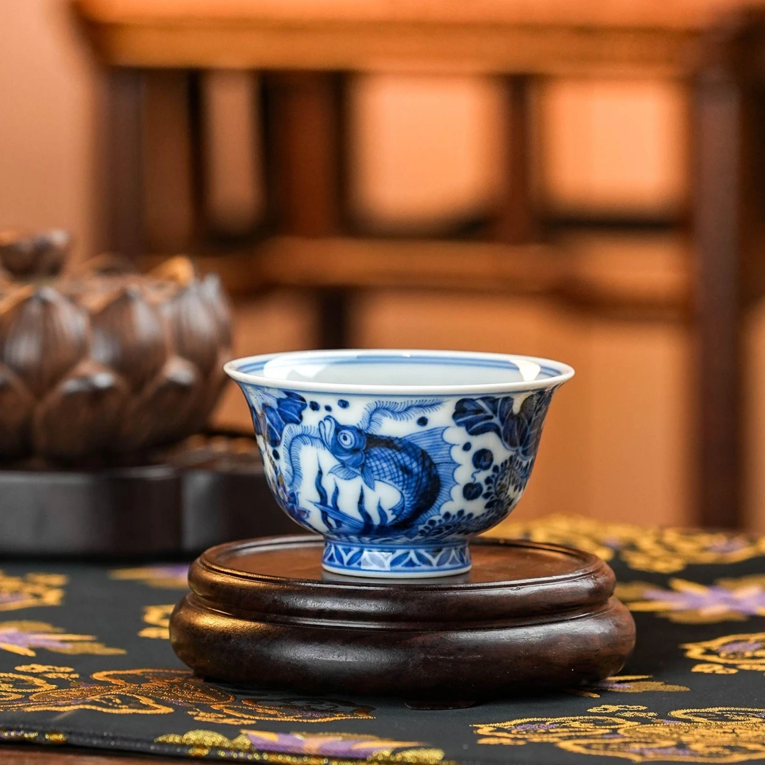 正德御窑刘建锋窑鱼藻小压手杯手工高档家用喝茶饮茶茶具灵芝茶杯