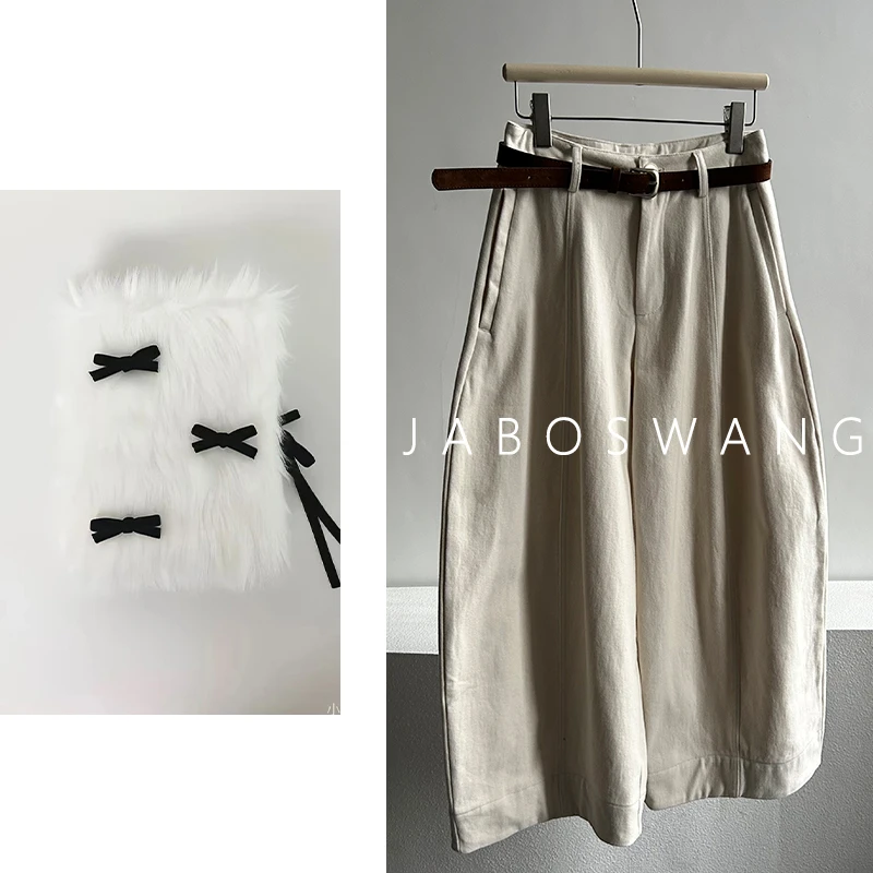 K343 11裤高腰阔腿裤女宽松慵懒风休闲裤卡其色腰带长裤