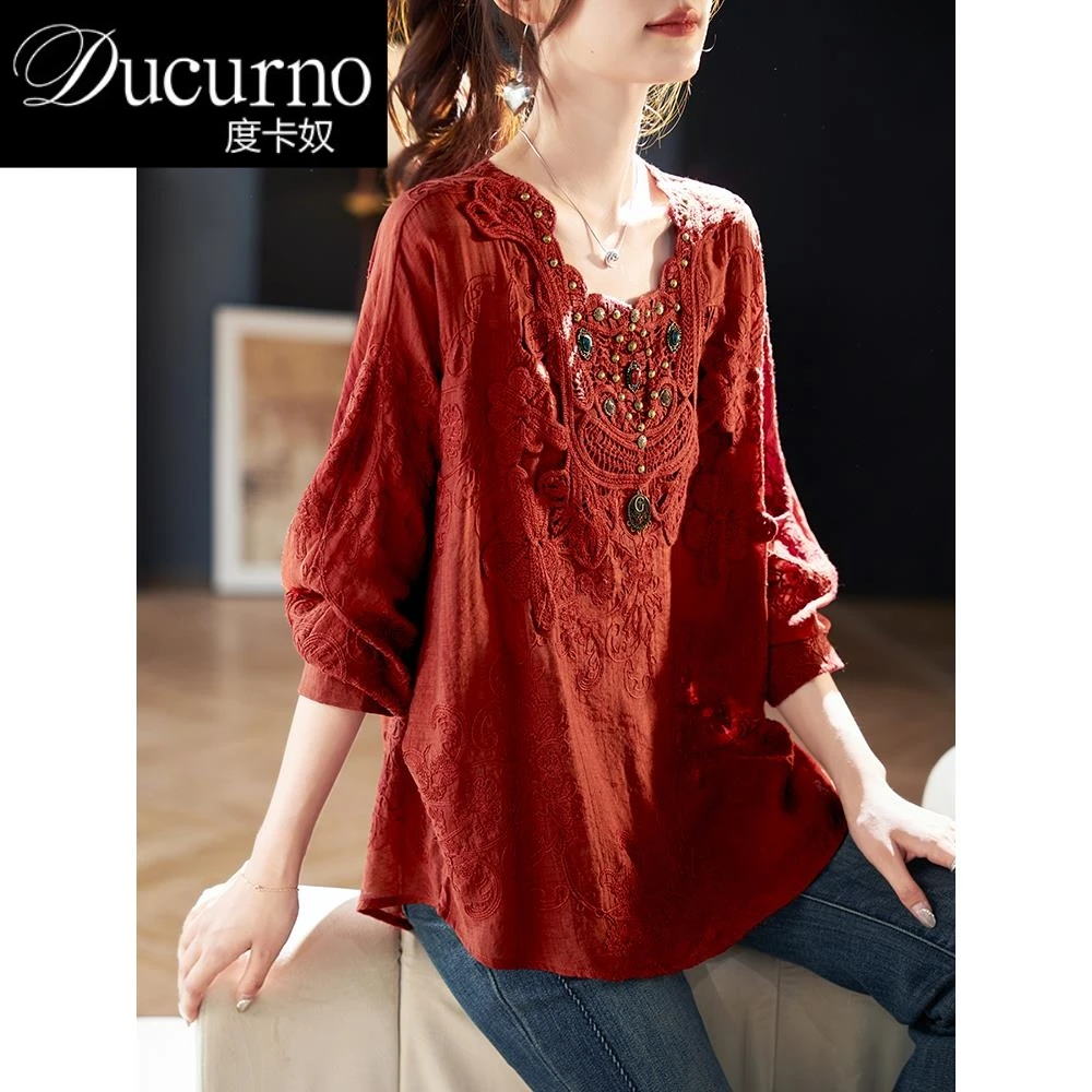 方领宽松蕾丝拼接衬衫女2025早秋季新款时尚气质洋气棉质长袖衬衣