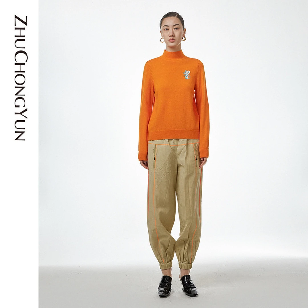 【平子精选】ZHUCHONGYUN桔红色超细美利奴羊毛针织衫女C1AY1703M