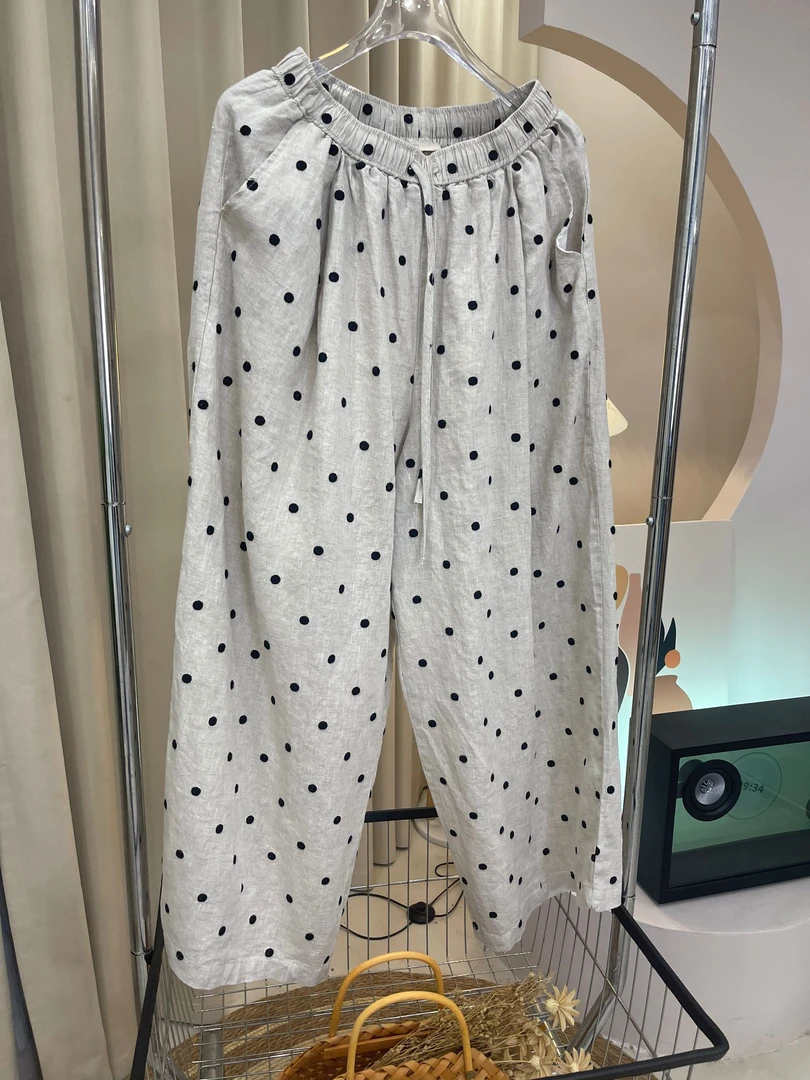 慵懒松紧腰波点刺绣裤子显瘦遮肉裤子百搭抽绳松紧裤亚麻裤