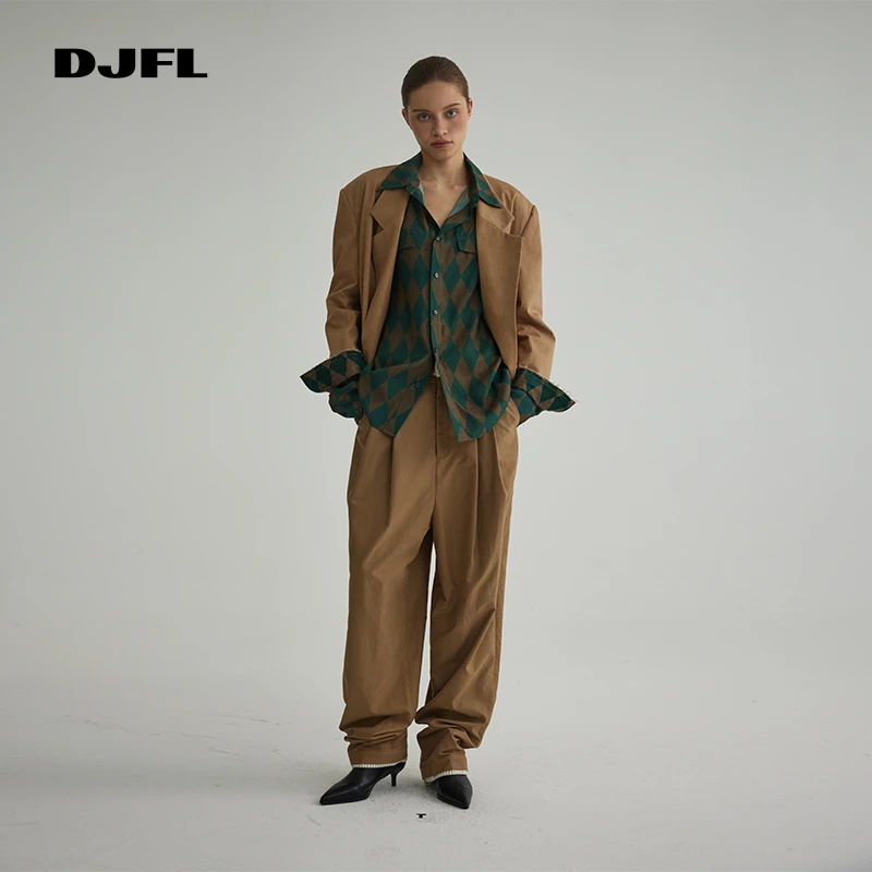 DJFL仿真色织菱形格纹印花复古Vintage风气质时尚衬衫女DWWS2C009