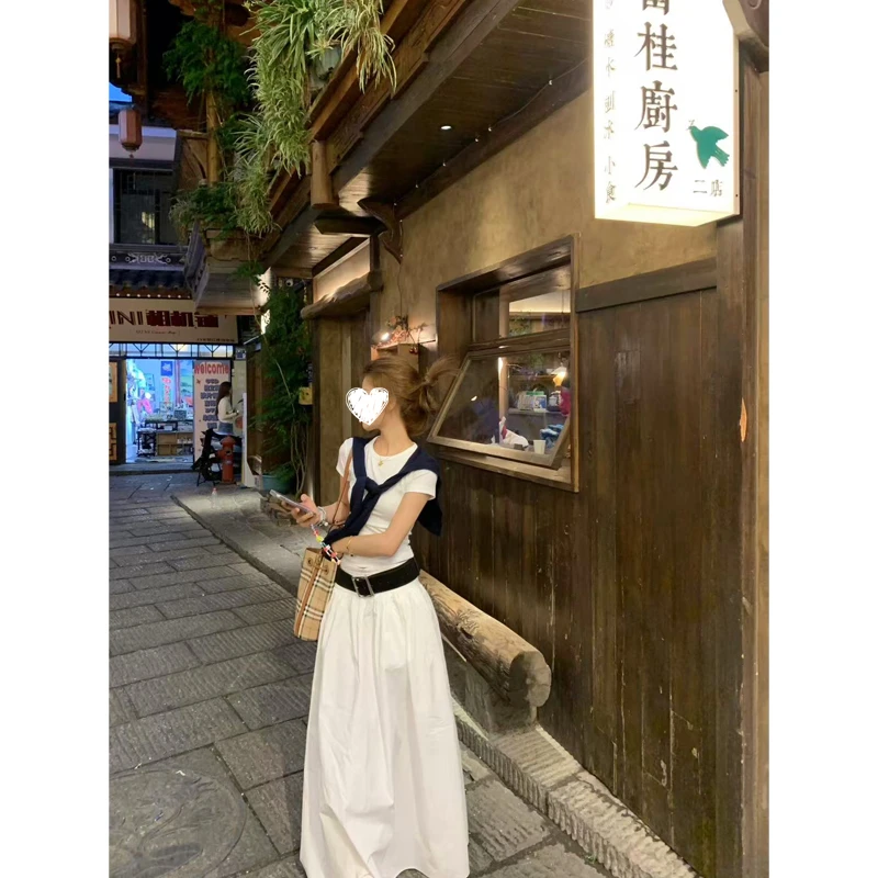番茄妹妹Tomatosister 甜酷辣妹套装海军风T恤高腰白色a字长裙女